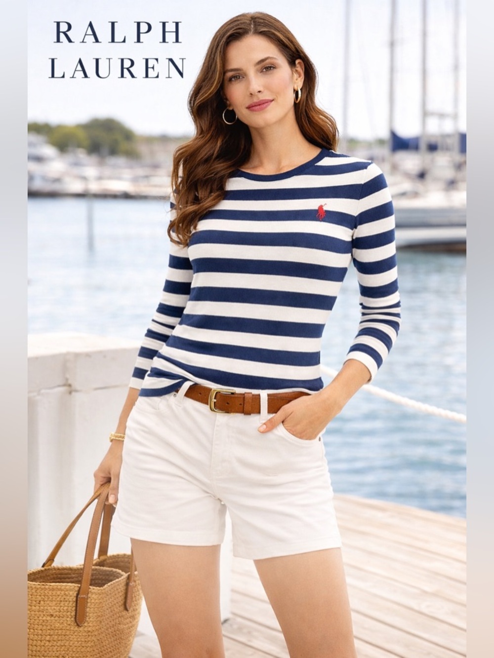 Ralph Lauren Women’s Striped Long Sleeve Top Blue White Pony Logo Size M Preppy